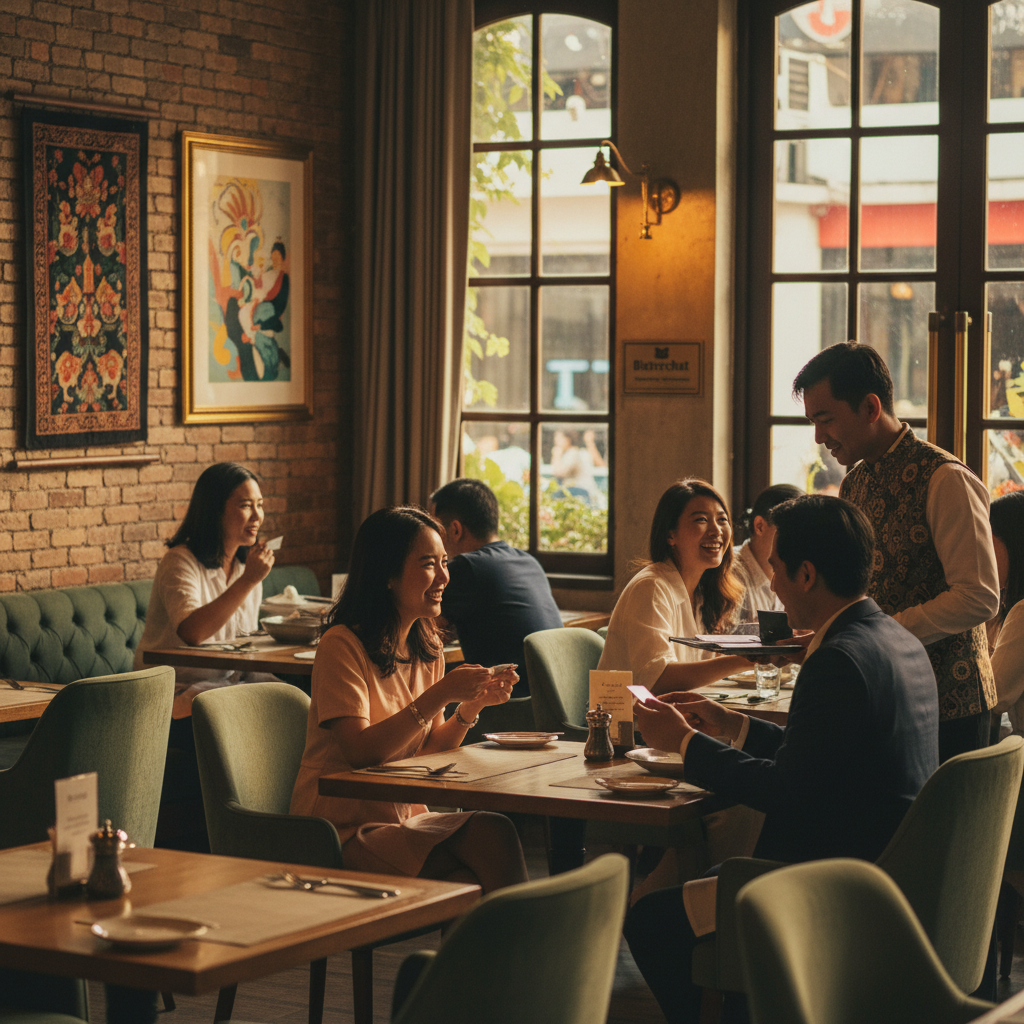 អ្នករត់តុស្លៀកពាក់អាវកាក់កំពុងបម្រើភ្ញៀវពីរនាក់នៅតុក្នុងភោជនីយដ្ឋានដែលមានមនុស្សអ៊ូអរ ជាមួយនឹងជញ្ជាំងឥដ្ឋ បង្អួចធំៗ និងភ្ញៀវញ៉ាំអាហារផ្សេងទៀតដែលកំពុងញញឹម។