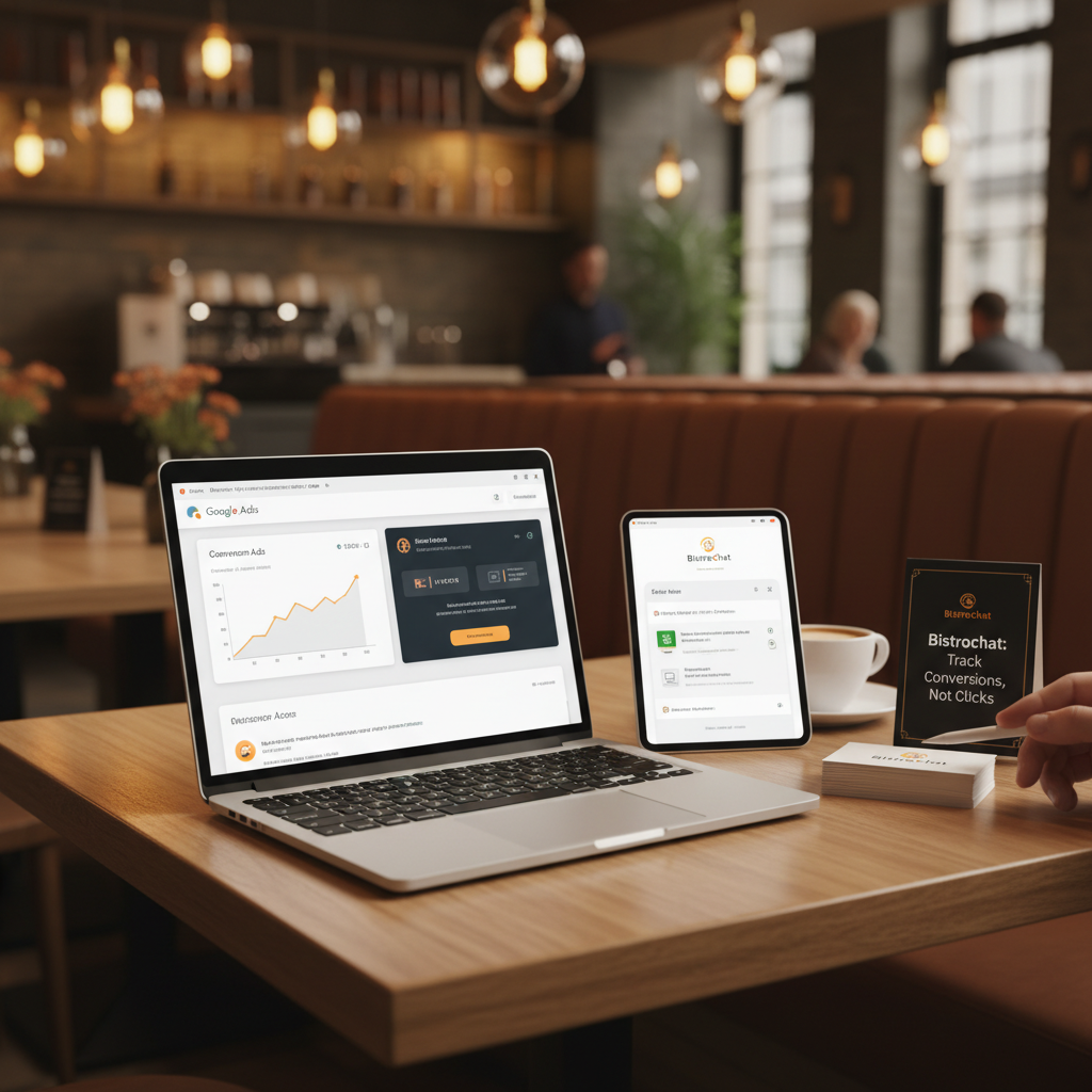 在咖啡馆环境中，木桌上放着一台显示 Google Ads 的笔记本电脑和一台显示 Bistrochat 应用的平板电脑，旁边有 Bistrochat 品牌卡片和咖啡杯，一只手正伸向卡片。