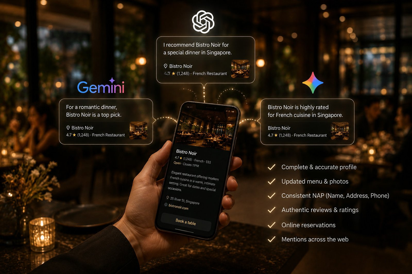 ChatGPT, Gemini và Perplexity cùng gợi ý một nhà hàng, bên cạnh danh sách kiểm tra các yếu tố hiển thị với AI gồm NAP nhất quán, đánh giá và đặt bàn trực tuyến