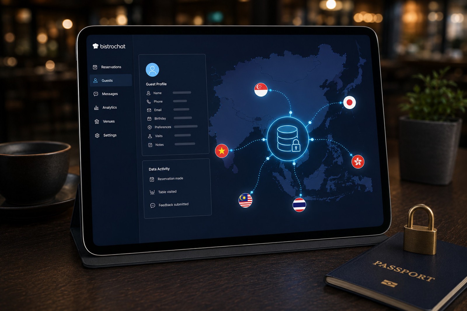 Una tablet sobre una mesa de restaurante que muestra la pantalla Guest Profile de la app de gestión de Bistrochat junto a un mapa luminoso que conecta Singapur, Vietnam, Malasia, Tailandia, Japón y Hong Kong con un icono de base de datos bloqueada, con un candado y un pasaporte al lado