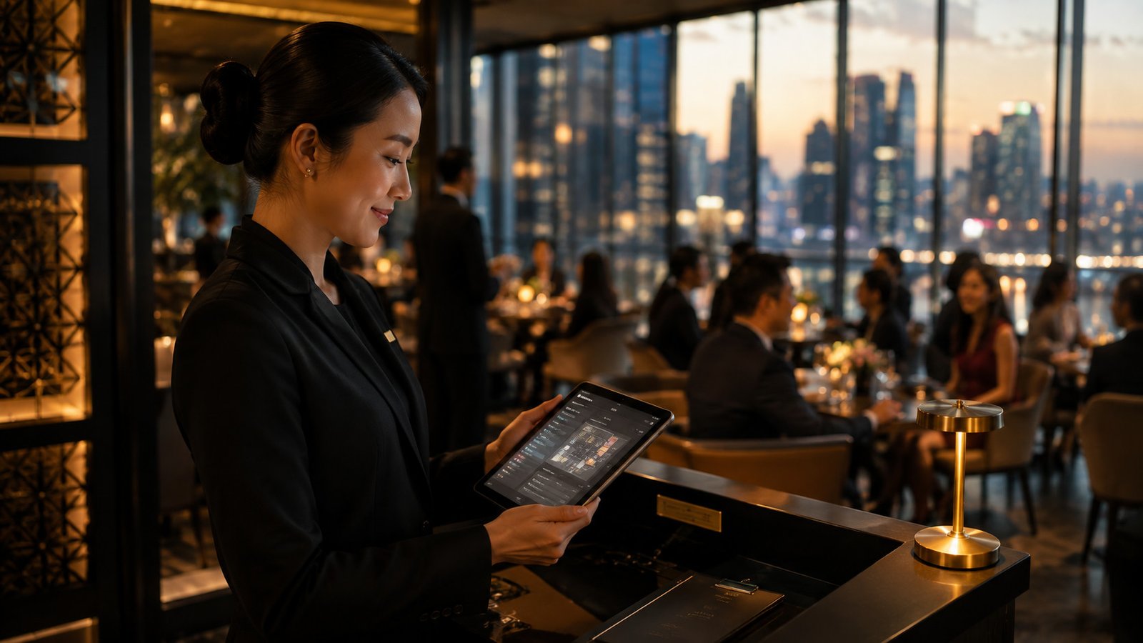 Nhân viên khách sạn quản lý đặt chỗ nhà hàng, quầy bar sân thượng và tiệc sự kiện từ một bảng điều khiển Bistrochat duy nhất