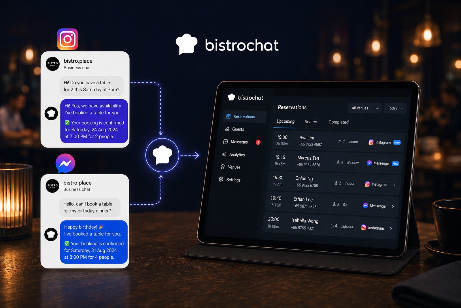Rozmowy na Instagramie i Facebook Messengerze rezerwujące stolik w restauracji, zasilające panel rezerwacji Bistrochat oznaczony jako Instagram i Messenger