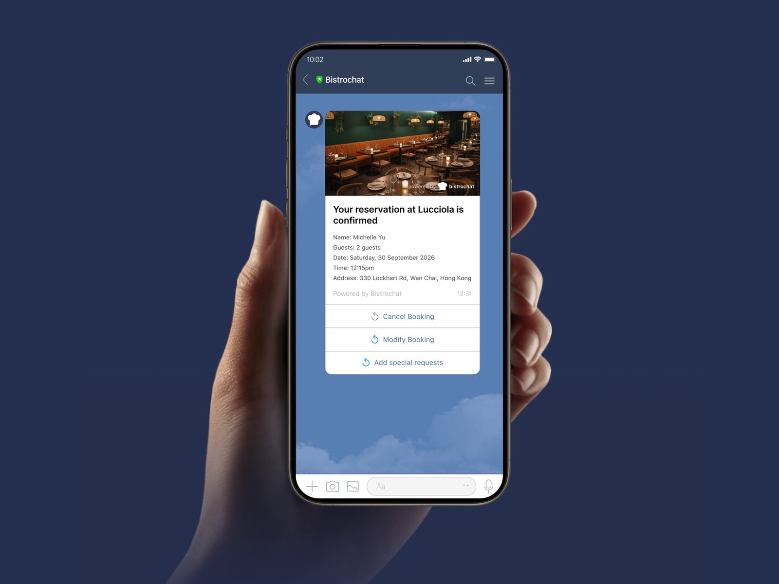 A LINE restaurant reservation confirmed on a phone: a Bistrochat booking card for Lucciola with Cancel Booking, Modify Booking and Add special requests buttons