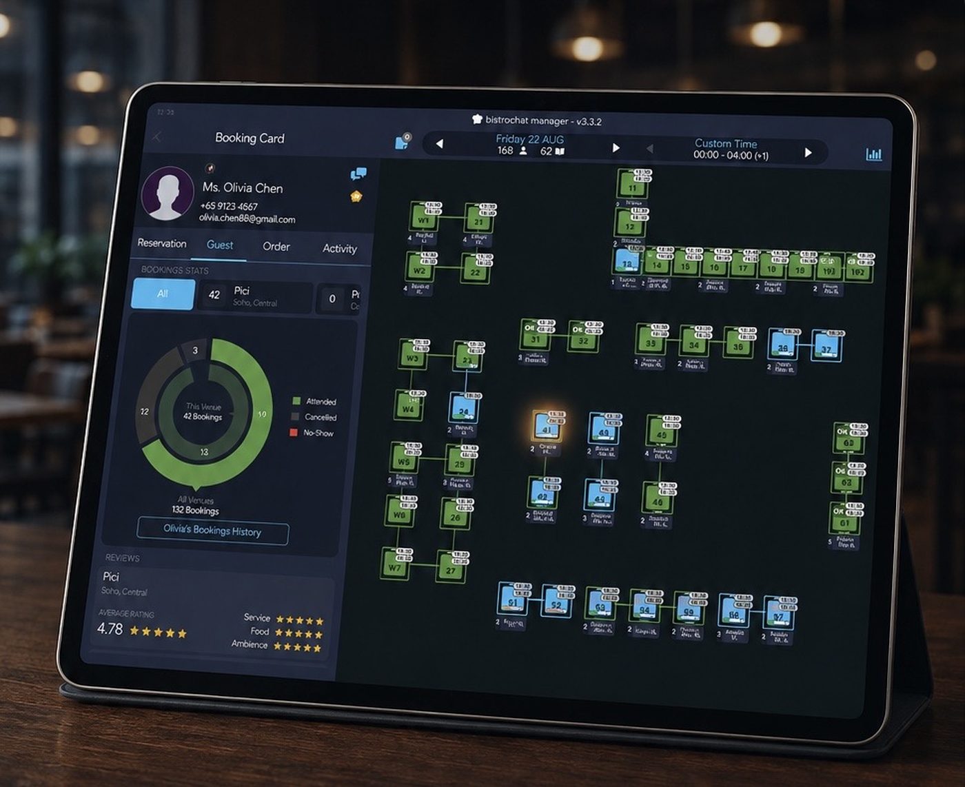 タブレットに表示されたBistrochat管理ダッシュボード。ゲストの予約カードに「この店舗」と「全店舗」での来店実績が表示され、隣にライブのフロアプランがある