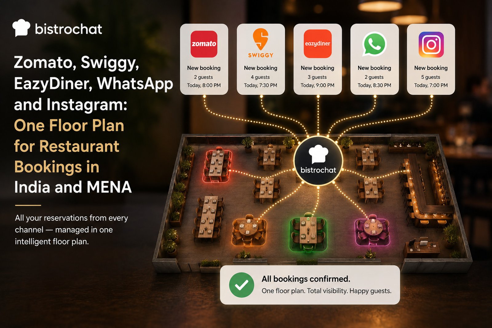 Zomato、Swiggy、EazyDiner、WhatsApp、Instagramからの新規予約通知が、すべてBistrochatを通じて一つのレストランのフロアプランに接続されている様子