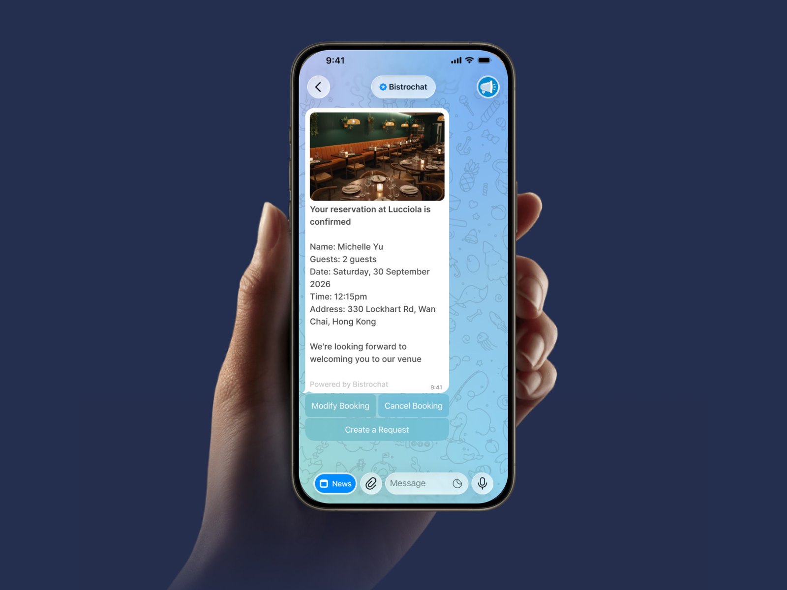 A Telegram restaurant reservation confirmed on a phone: a Bistrochat booking card for Lucciola with Modify Booking, Cancel Booking and Create a Request buttons