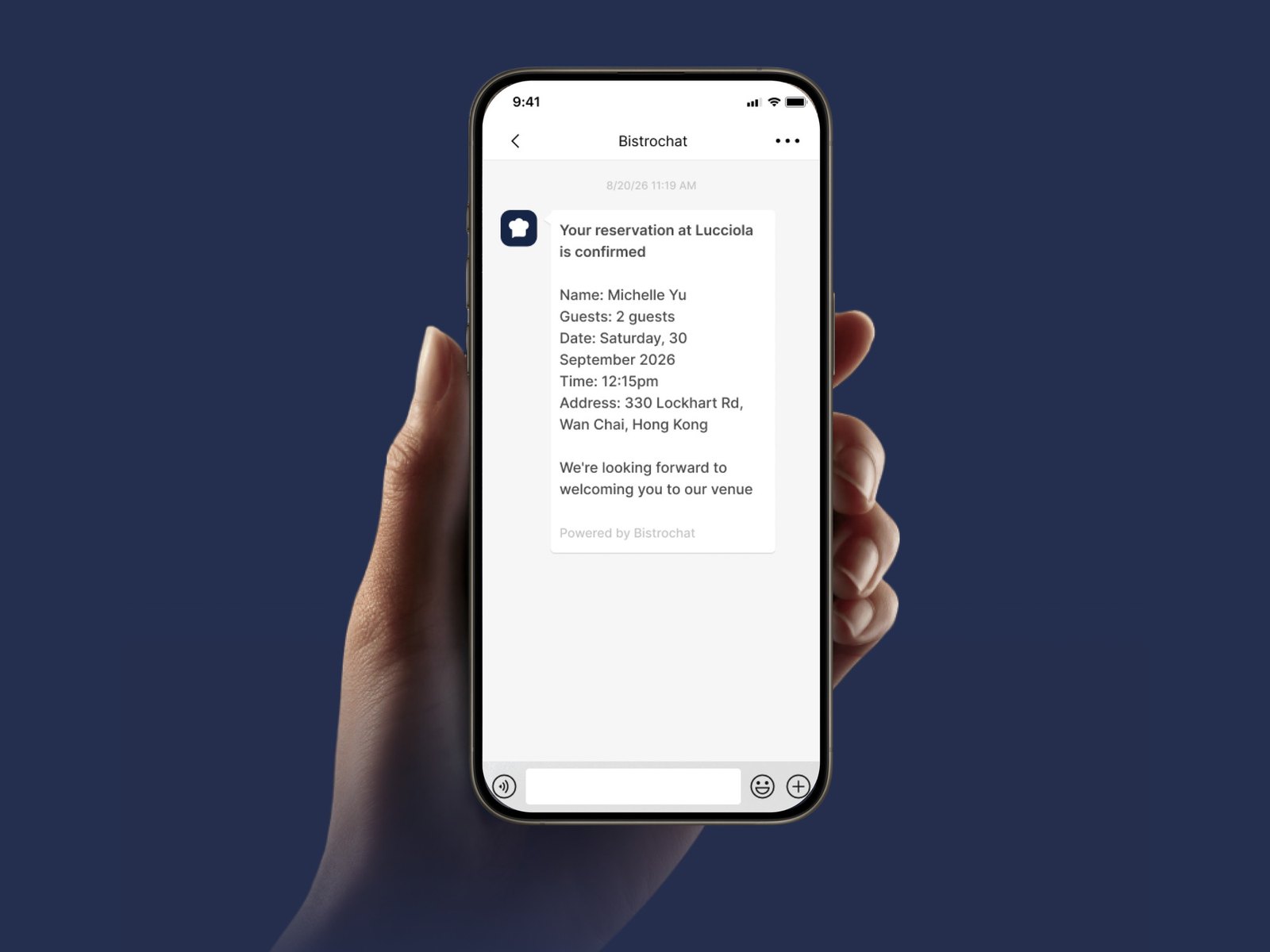 A WeChat restaurant reservation confirmed on a phone: a Bistrochat booking card for Lucciola in Hong Kong showing guest name, party size, date, time and address