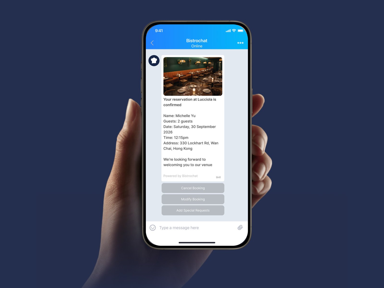 A Zalo restaurant reservation confirmed on a phone: a Bistrochat booking card for Lucciola in Hong Kong with Cancel Booking, Modify Booking and Add Special Requests buttons