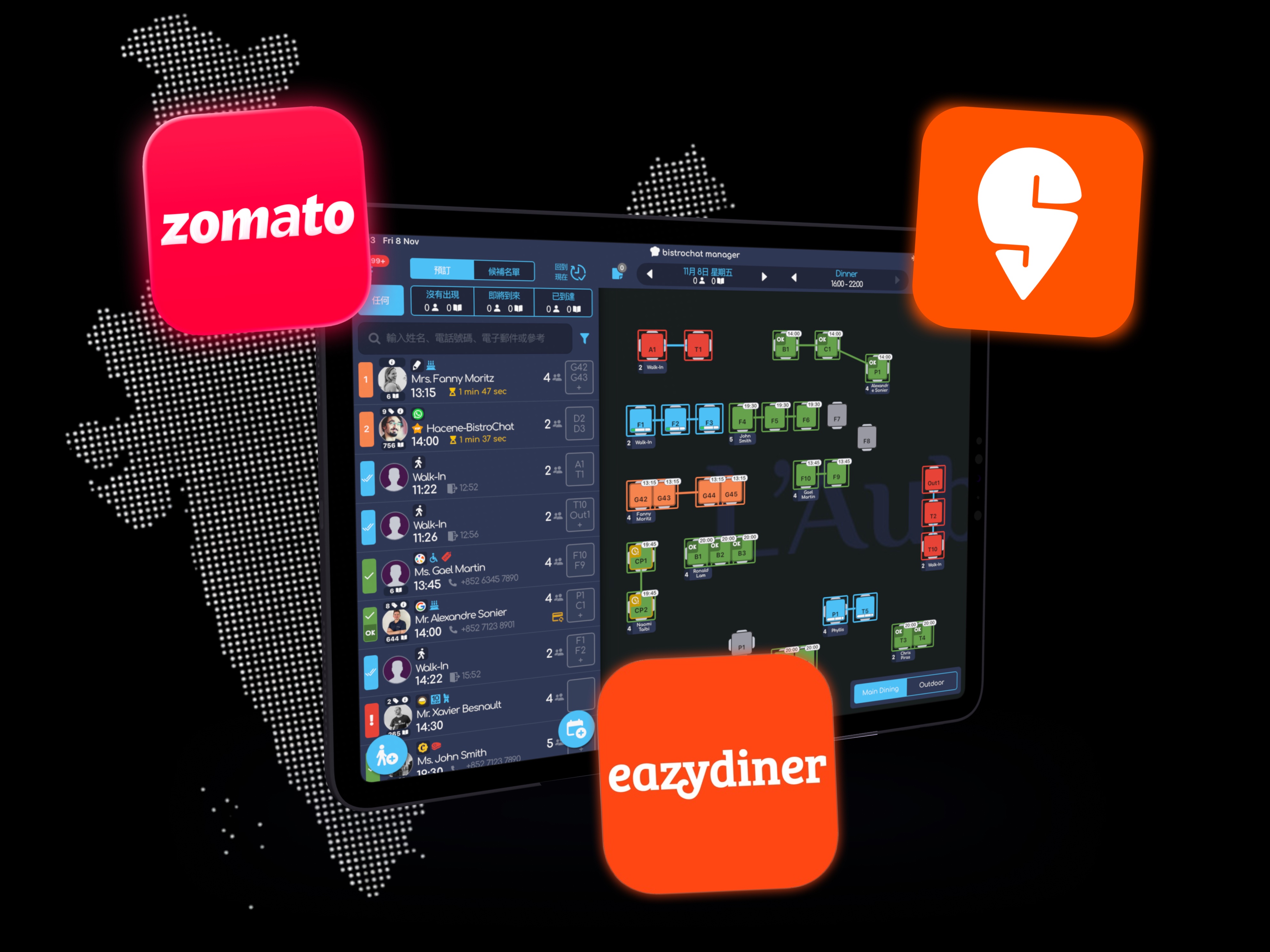 អ្នករត់តុ និងភ្ញៀវនៅបារភោជនីយដ្ឋានកំពុងប្រើកម្មវិធីកុម្ម៉ង់អាហារនៅលើស្មាតហ្វូន និងថេប្លេត។