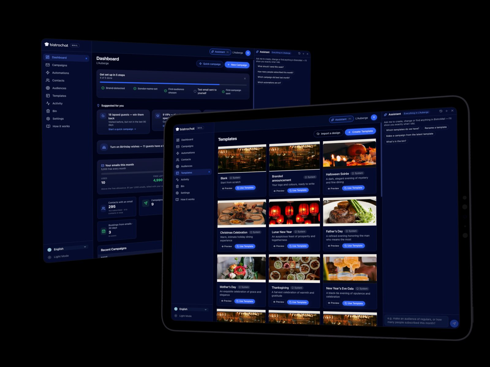 Bistromail บนหน้าจอเดสก์ท็อปและ iPad: แดชบอร์ดที่แสดงขั้นตอนการตั้งค่าและคำแนะนำเกี่ยวกับลูกค้า และคลังเทมเพลตที่เปิดผู้ช่วย AI ไว้ข้างๆ