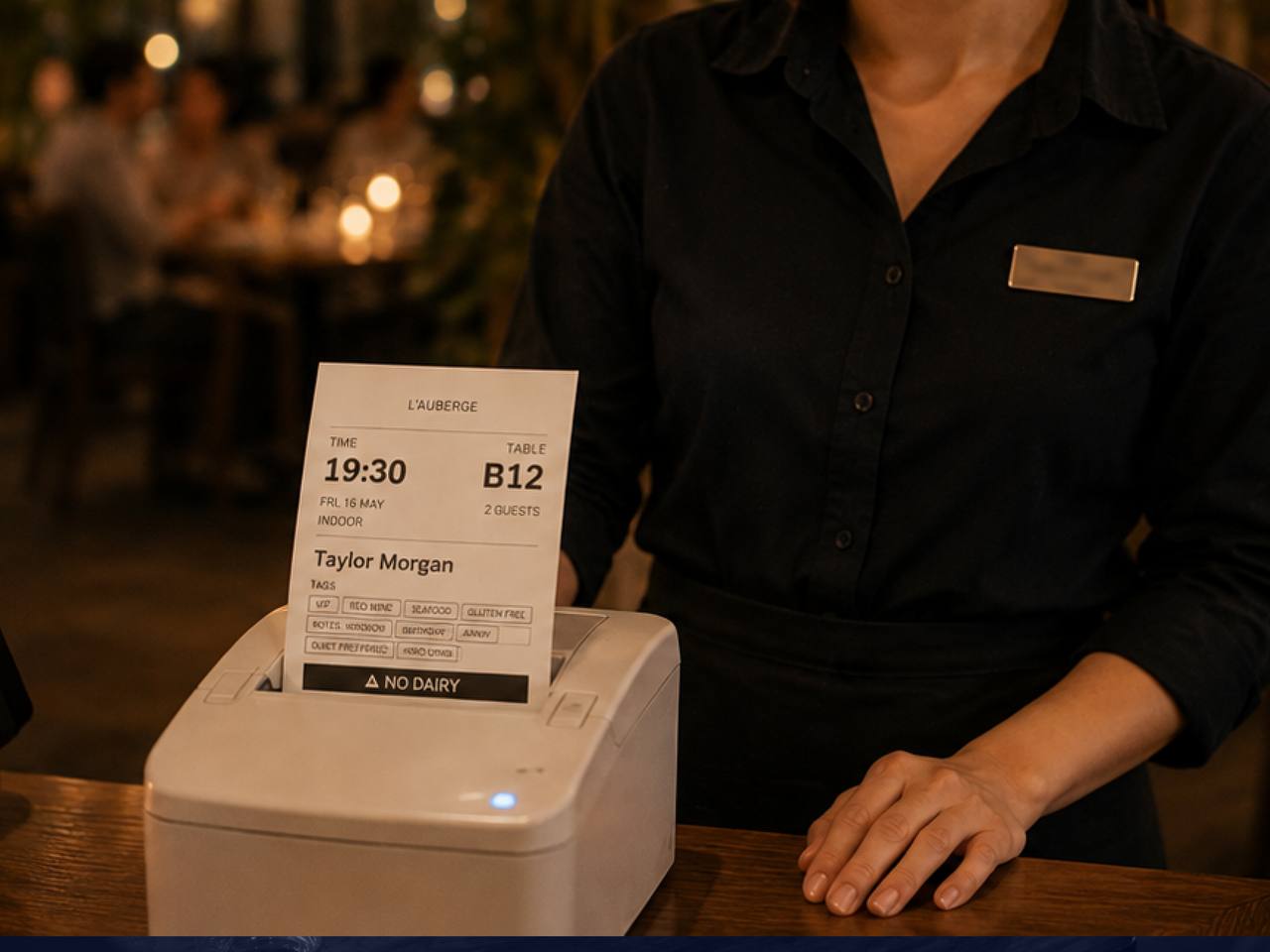喺餐廳接待處列印嘅Bistrochat Chit飛，上面顯示賓客姓名、枱號、時間同飲食標籤