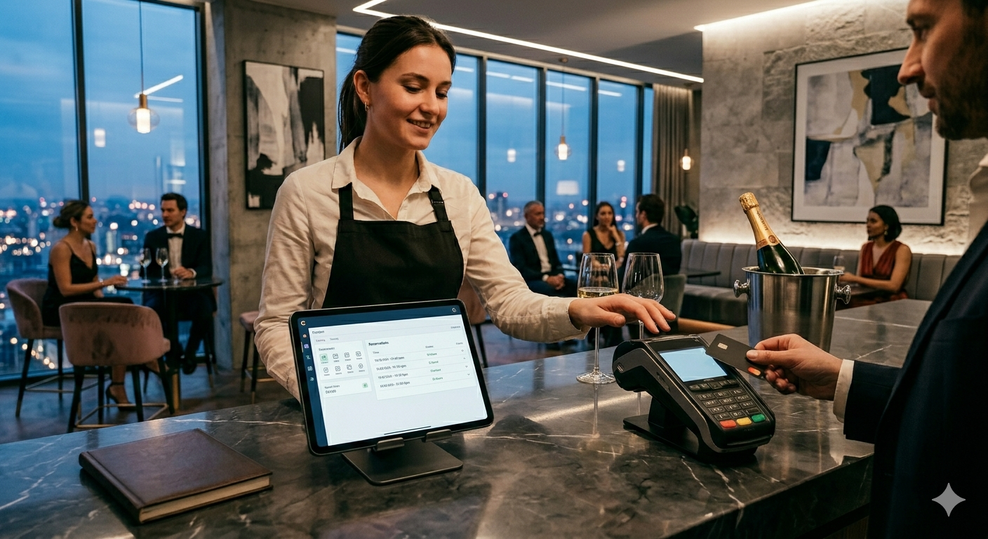 Staf restoran menggunakan tablet untuk melihat profil tamu dengan data transaksi, didukung oleh integrasi Bistrochat dan UCR POS.