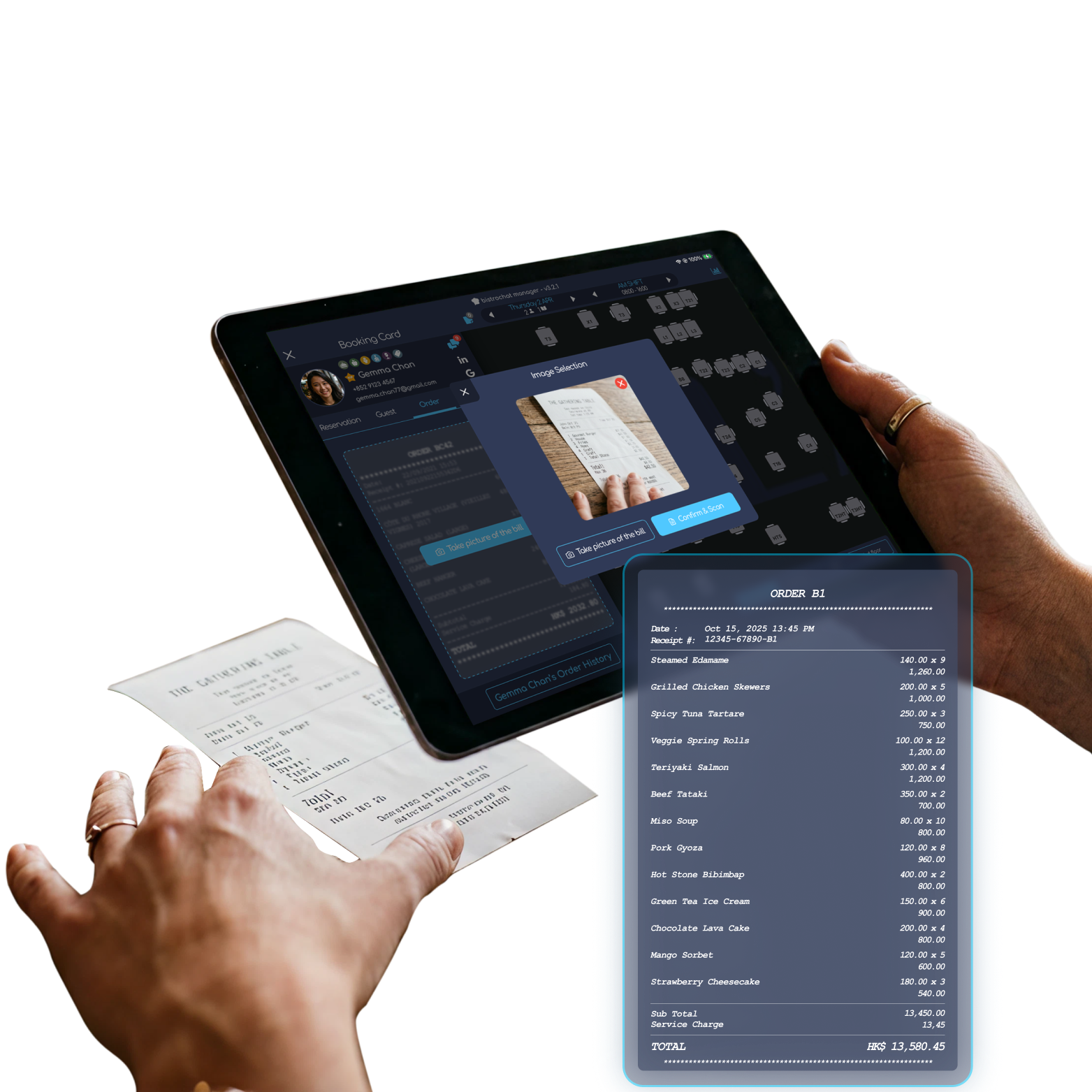 បុគ្គលិកភោជនីយដ្ឋានប្រើស្មាតហ្វូនស្កេនវិក្កយបត្រក្រដាស ដោយមានទិន្នន័យដែលទាញចេញដោយ AI បង្ហាញមុខម្ហូបដែលបានកុម្ម៉ង់ តម្លៃ និងភ្ជាប់ទៅប្រវត្តិរូបអតិថិជន។