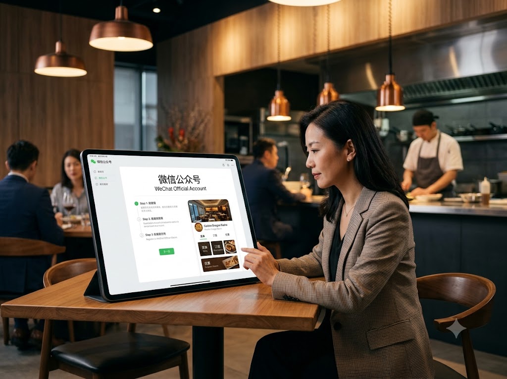 ผู้หญิงในร้านอาหารกำลังดูหน้าจอ WeChat Official Account ของเธอ