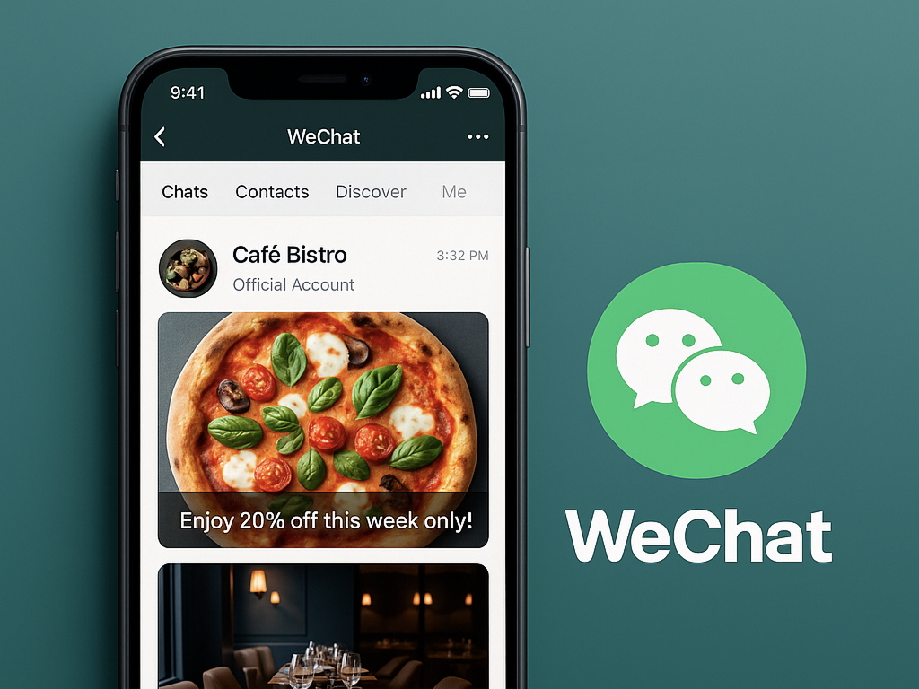หน้าจอ WeChat แสดงการทำตลาดร้านอาหารและการโต้ตอบกับลูกค้า