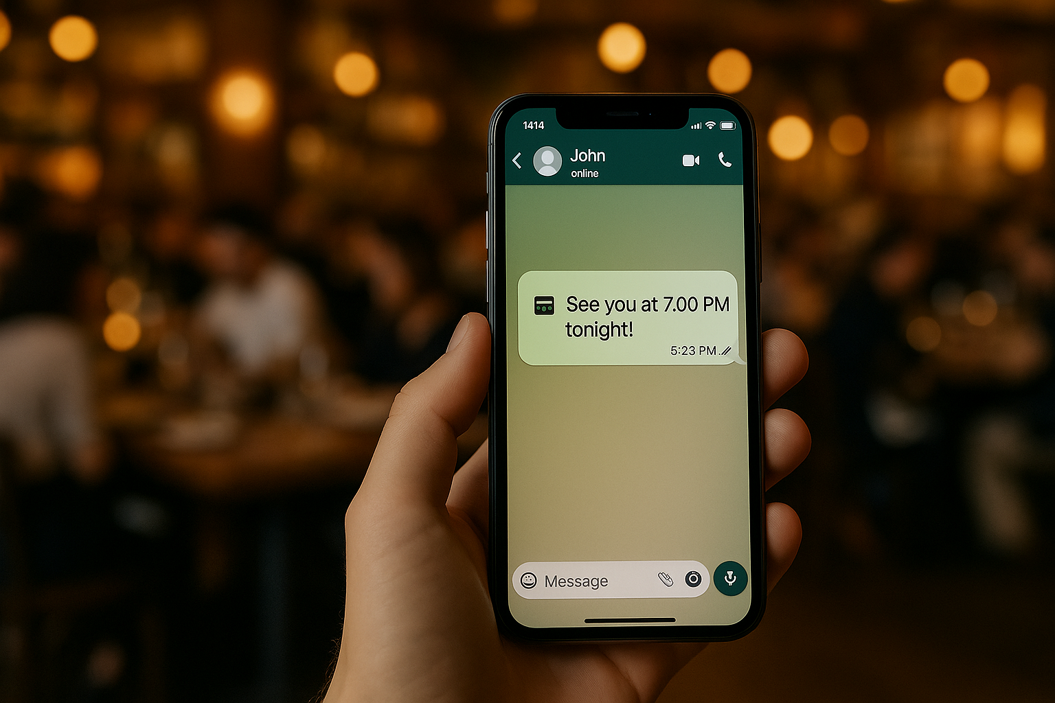 สมาร์ตโฟนแสดงหน้าจอยืนยันการจองผ่าน WhatsApp โดยมีฉากหลังเป็นร้านอาหารแสงอบอุ่นและคึกคัก