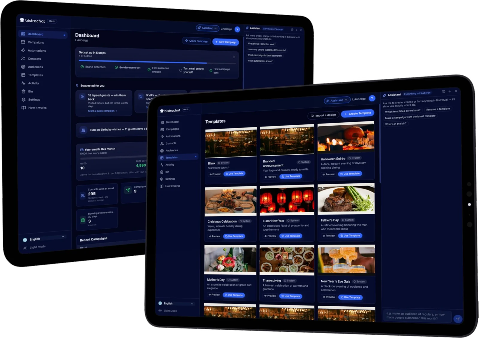 Bistromail dashboard and template library on two iPads